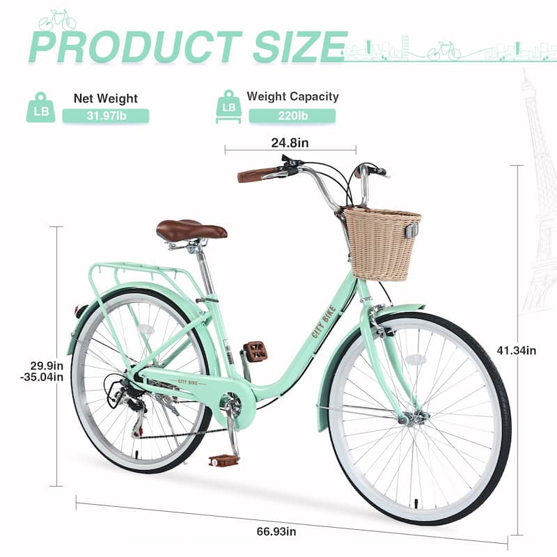 7 Speed City Bike With Basket,Steel Frame,Multiple Colors 26 Inch Girls Bicycle