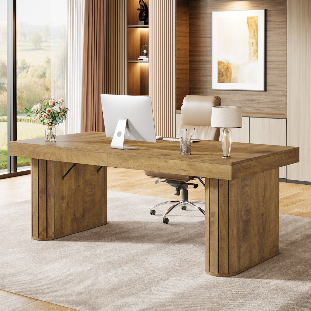 70.9" Executive Desk, Farmhouse Computer Desk, Large Workstation for Home Office, Brown