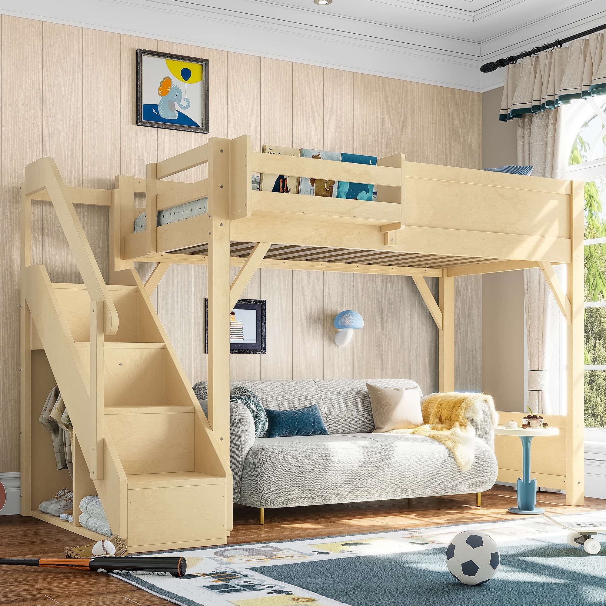 Twin Size Loft Bed with Built-in Wardrobe and Storage Space, Loft Bed with Beside Shelves, Full-length Guardrails and Stairs