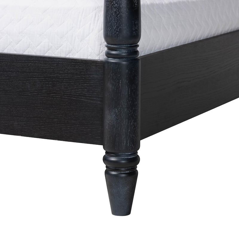 Baxton Studio Martino Four-Poster Platform Bed - Sculpted Post Bed Frame with Panel Headboard, Vintage Spindle Bed