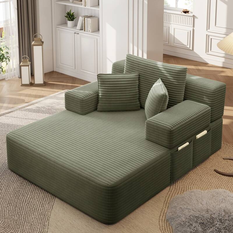 Luxurious Plush Corduroy Chaise Lounge Convertible Sofa Bed with Storage Pocket and Wide Armrests