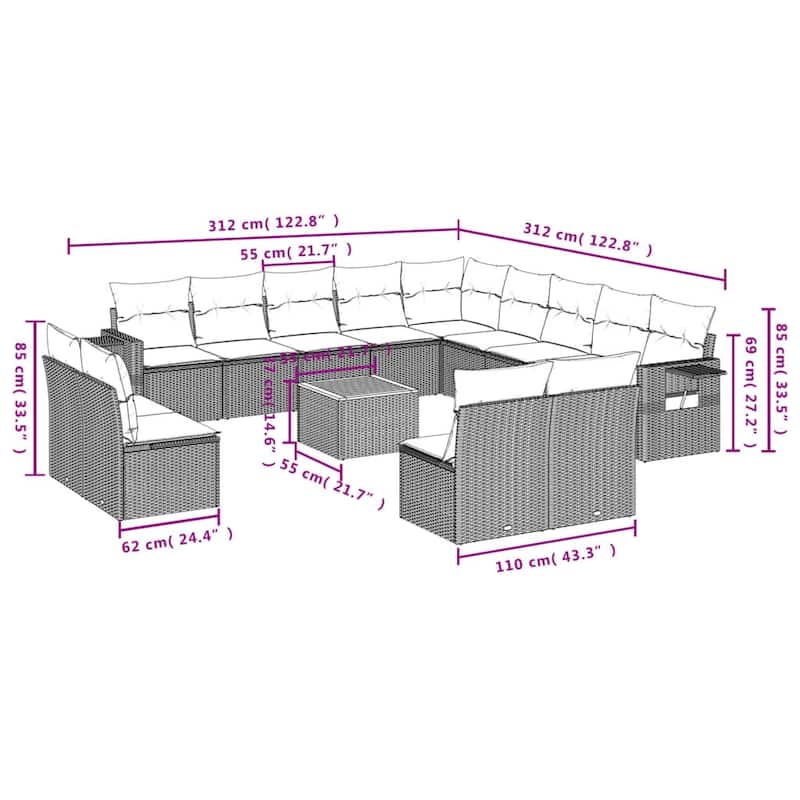 vidaXL Garden Sofa Set 14 Piece with Cushions Outdoor Sofa Set Poly Rattan