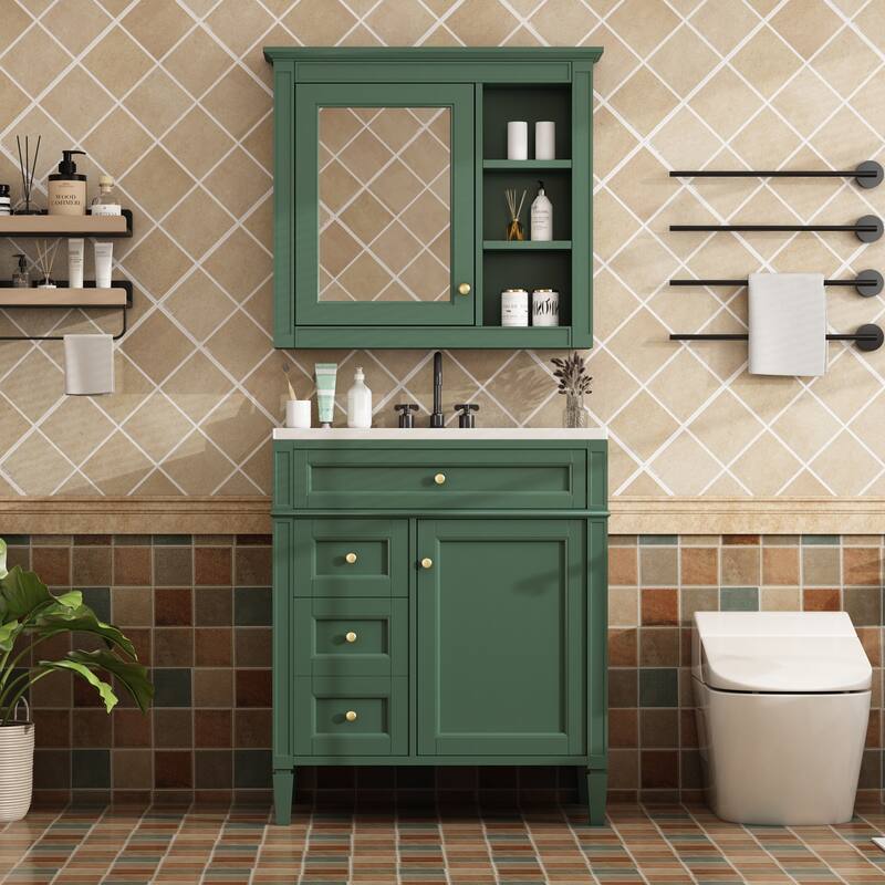 30-Inch Bathroom Vanity with Ceramic Undermount Sink, Mirror Cabinet, 3 Soft-Close Drawers, and Modern Design