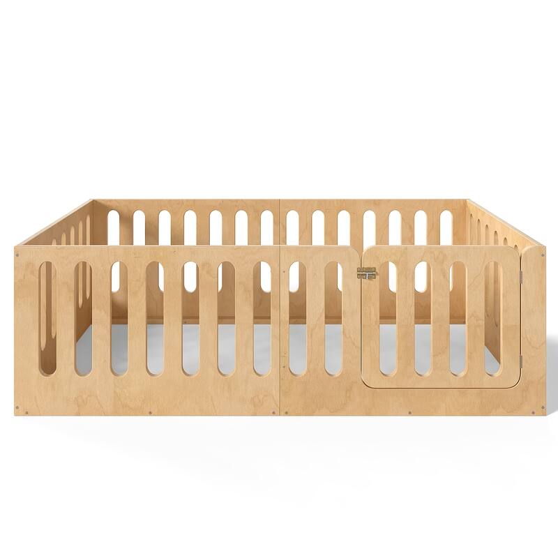 Twin Size Floor Bed with High Fence for Kids, Solid Wood Kids Montessori Bed with Door, No Box Spring Needed Design