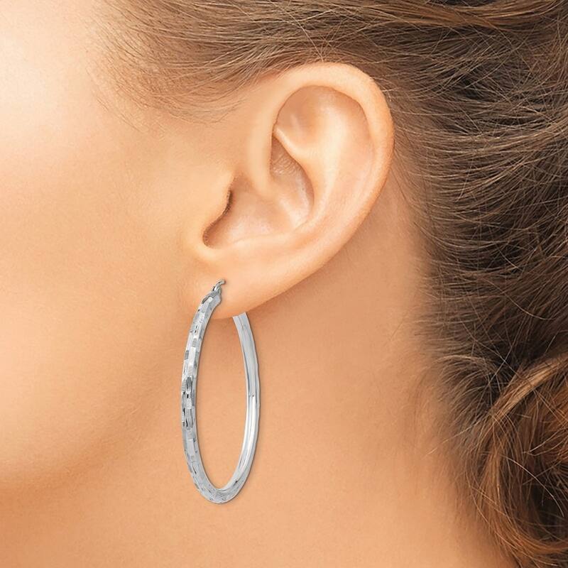 Curata 14k White Gold Textured Checkerboard 60x3mm Hoop Earrings