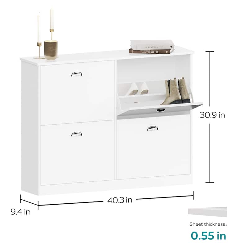 Slim Hidden Shoe Cabinet with 4 Flip Drawers, Narrow Entryway Shoe Rack, Adjustable Dividers, Original Wood Finish