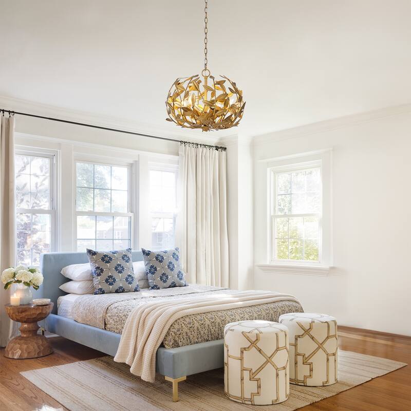 Antique Gold Olive Leaf Spherical Hollow Shade 6-Light Chandelier - 19.7"Wx15.4"H