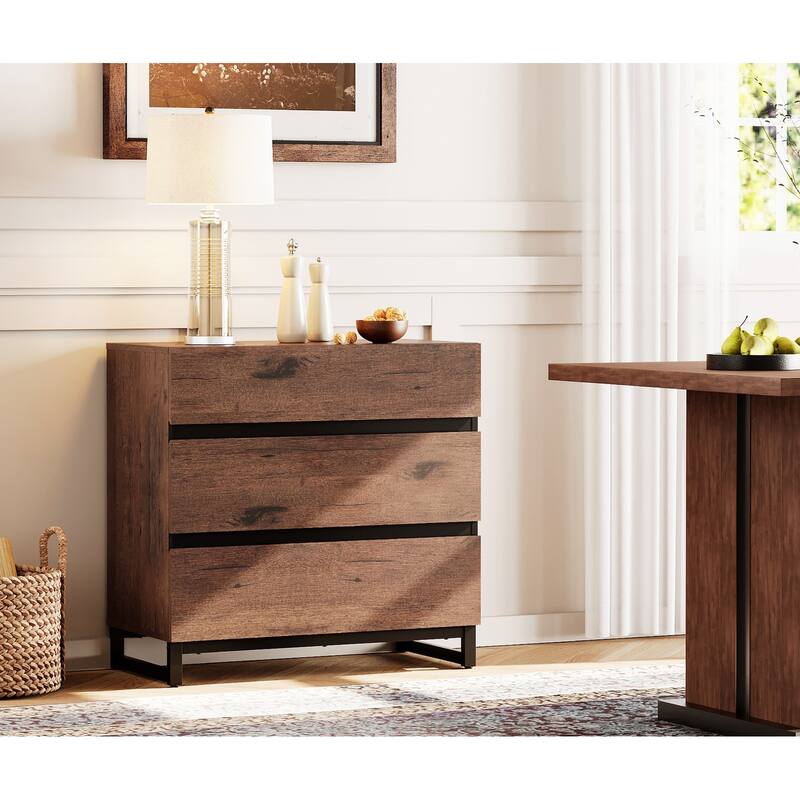 WAMPAT Modern Drawer Dresser, Wooden Chest with Metal Base, Versatile Storage and Closet Organizer for Bedroom, Living Room - Brown - 3-drawer