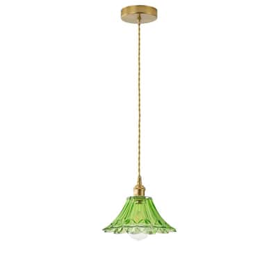 Modern 1-Light Pendant with Light Green Tinted Glass Shade and Electroplated Brass Finish