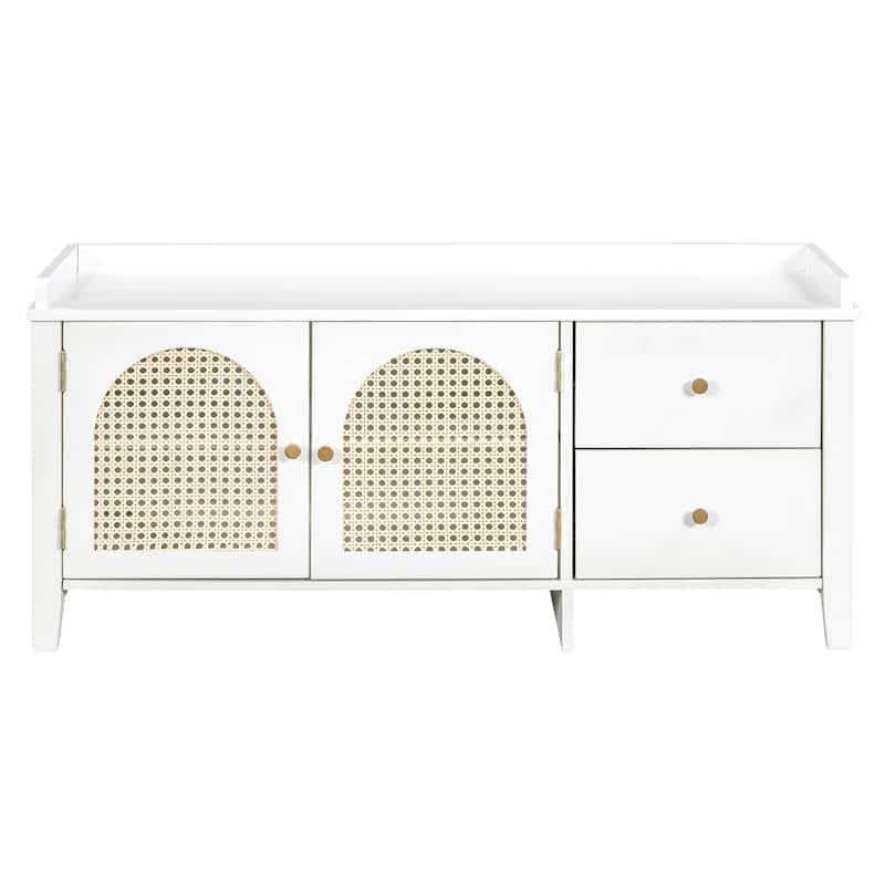 Wood Frame Bench with Shoe Storage, Shoe Bench with Rattan Arched Door and 2 Drawers Entryway Fabric Upholstered Bench