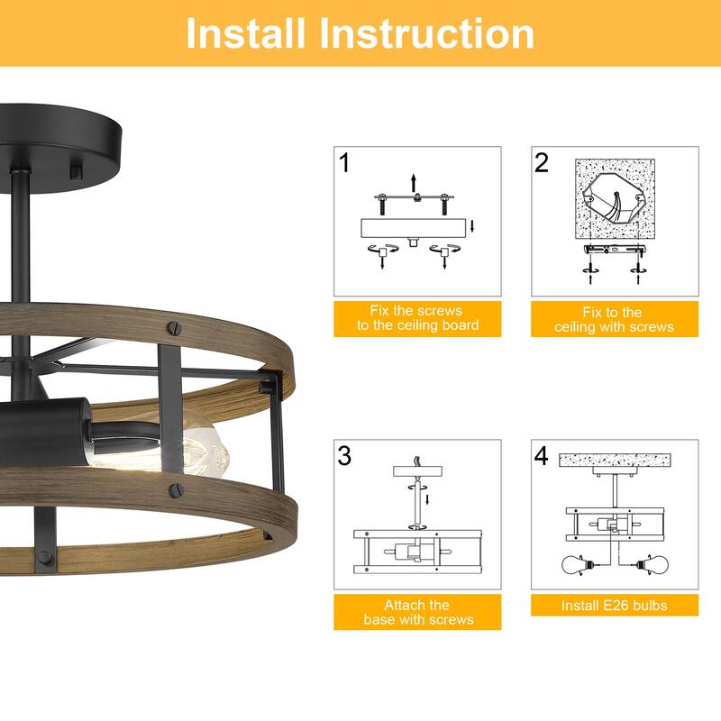 2-light Wood and Matte Black Finish Semi-flush Mount Light Metal Cage Ceiling Light - 12.9" (D) x 4.4" (H)
