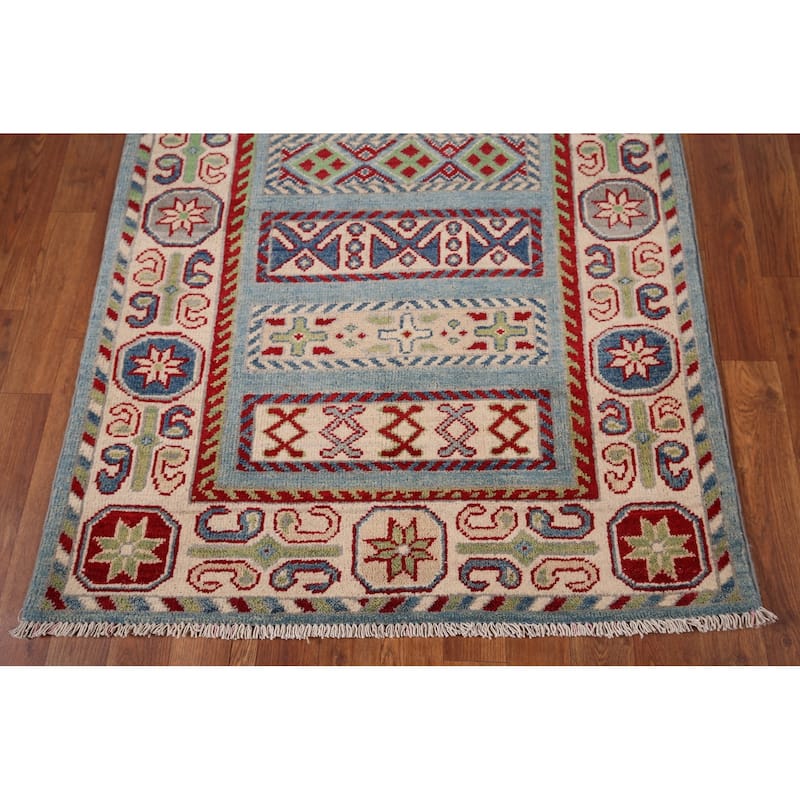 Geometric Blue Kazak Oriental Runner Rug Hand-Knotted Wool Carpet - 3'2" x 16'1"