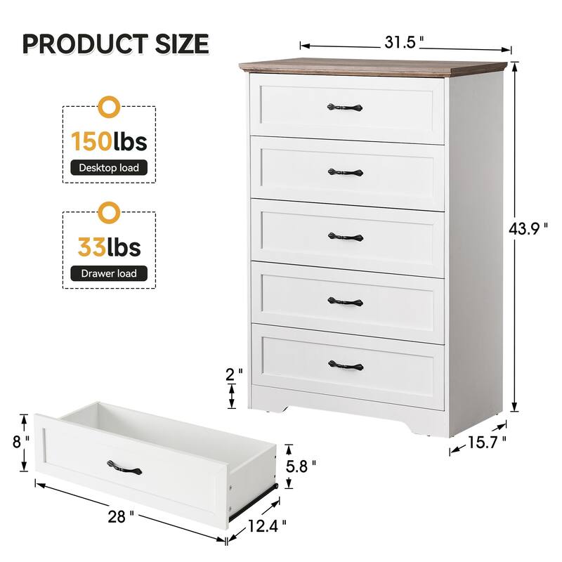 5/6 Drawer Dresser, Modern Wood Storage Chest Organizer for Clothes, Bedroom