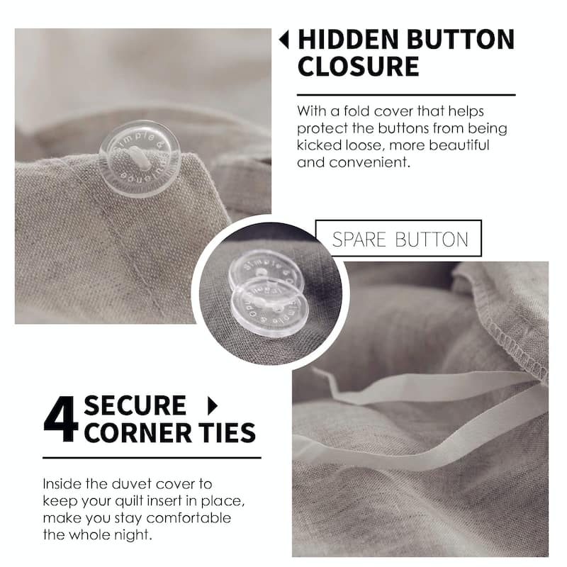 100% Linen Duvet Cover Set 3pcs Basic Natural French Washed Flax Soft Breathable Farmhouse Bedding with Button Closure, Queen