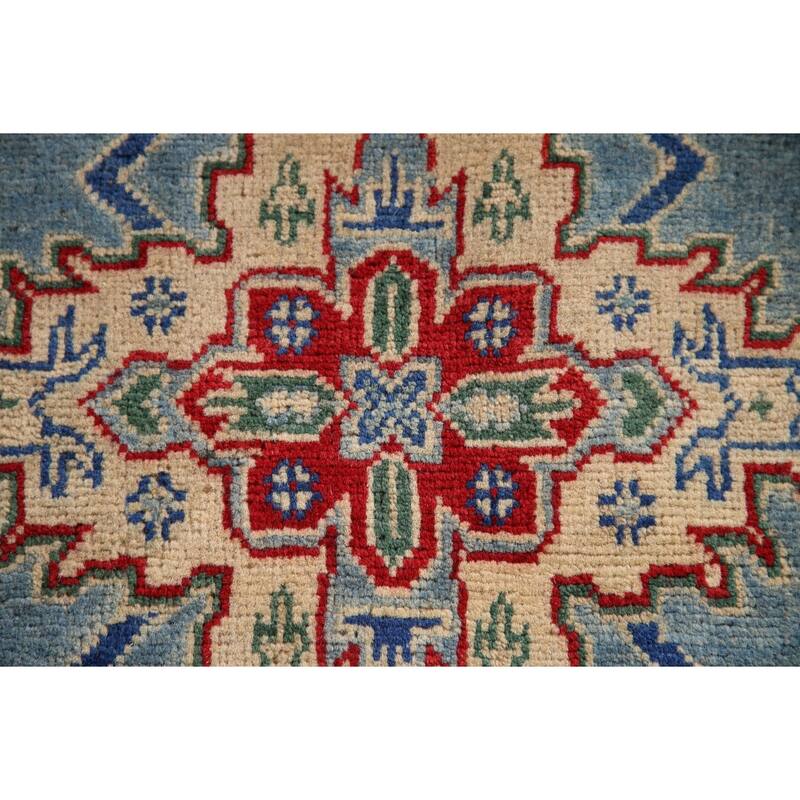 Light Blue Geometric Kazak Oriental Rug Hand-Knotted Wool Carpet - 3'4"x 4'10"
