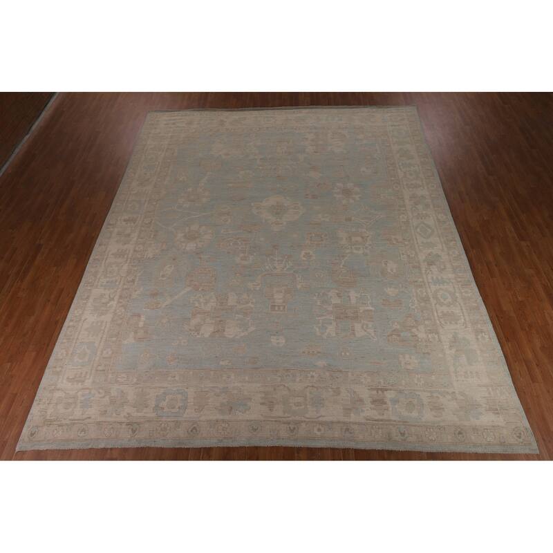 Vegetable Dye Oushak Turkish Large Area Rug Handmade Blue Wool Carpet - 12'3"x 14'6"