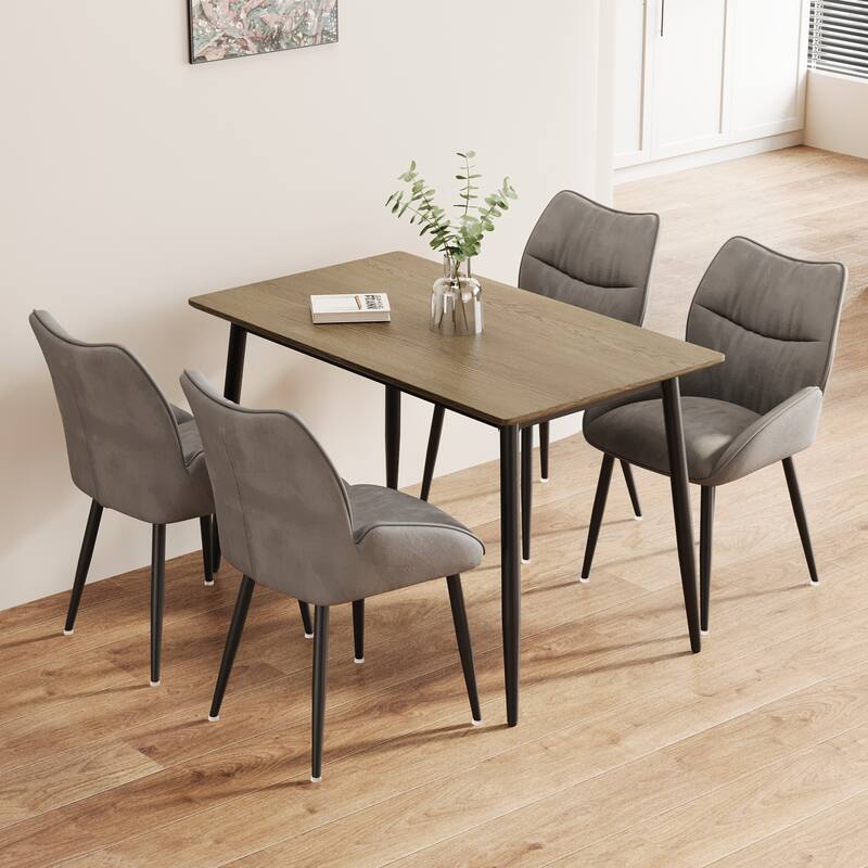 Stylish Dining Table Set for 4-6 People, 5-Piece Modern Wood Grain Table and Velvet Plush Chairs with Black Metal Legs