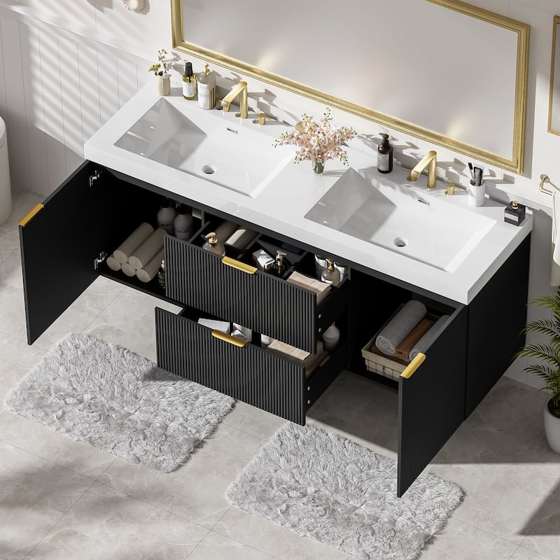 GDFStudio - Mercer Transitional Wall Mounted Bathroom Vanity Cabinet with Double SMC Sink, Soft Close Doors & Drawers