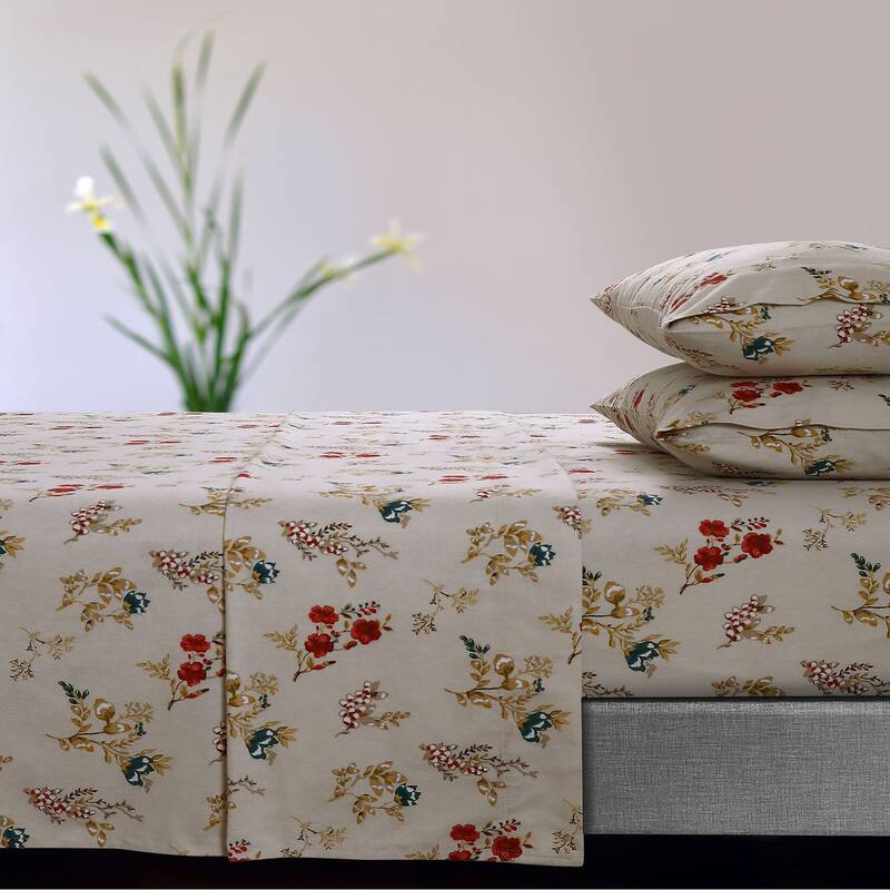 Soft 170-GSM Cotton Flannel Printed Extra Deep Pocket Sheet Set - Cal King - Leilani Cream