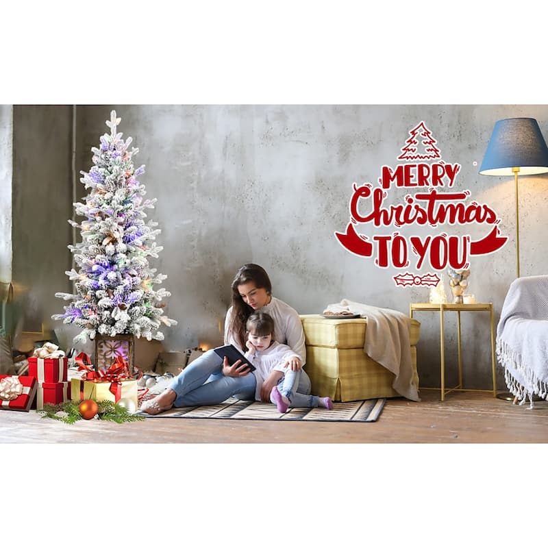 Pre-Lit Flocked Christmas Tree - Multicolour LED Lights, Pine Cones, Glitter Base, Light-Up Basin, Easy Assembly - White+Green