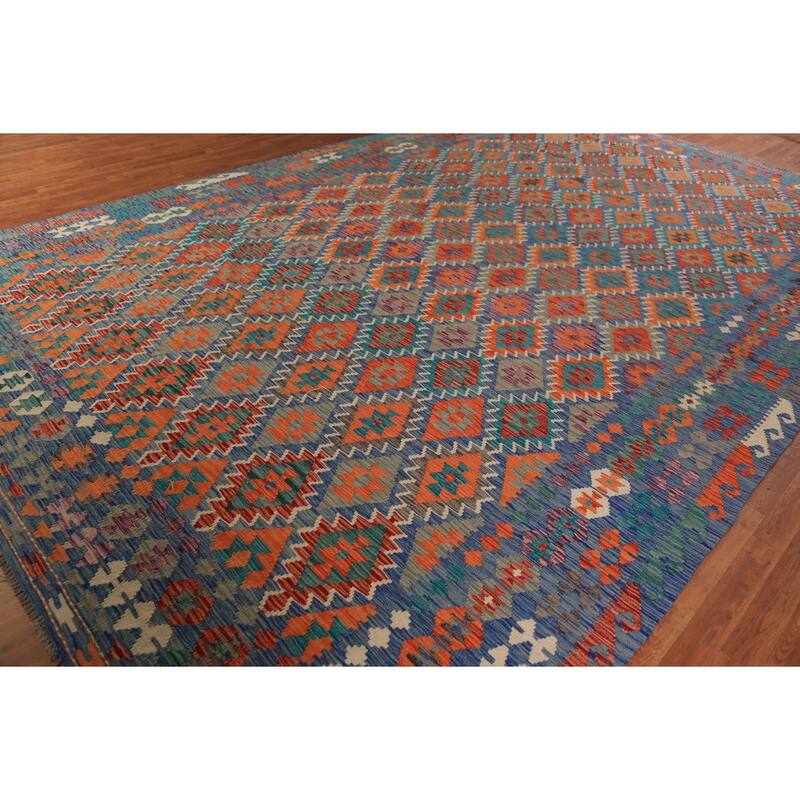 Reversible Blue Kilim Oriental Large Rug Flatweave Wool Carpet - 10'0"x 15'9"