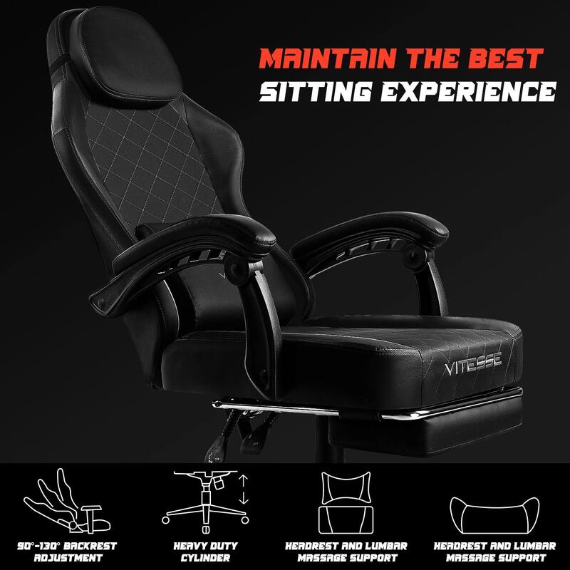 BOSSIN Ergonomic Gaming Chair – 400 lbs Support, PC/Racing Office Chair with Adjustable Swivel, Lumbar Vibration & Headrest