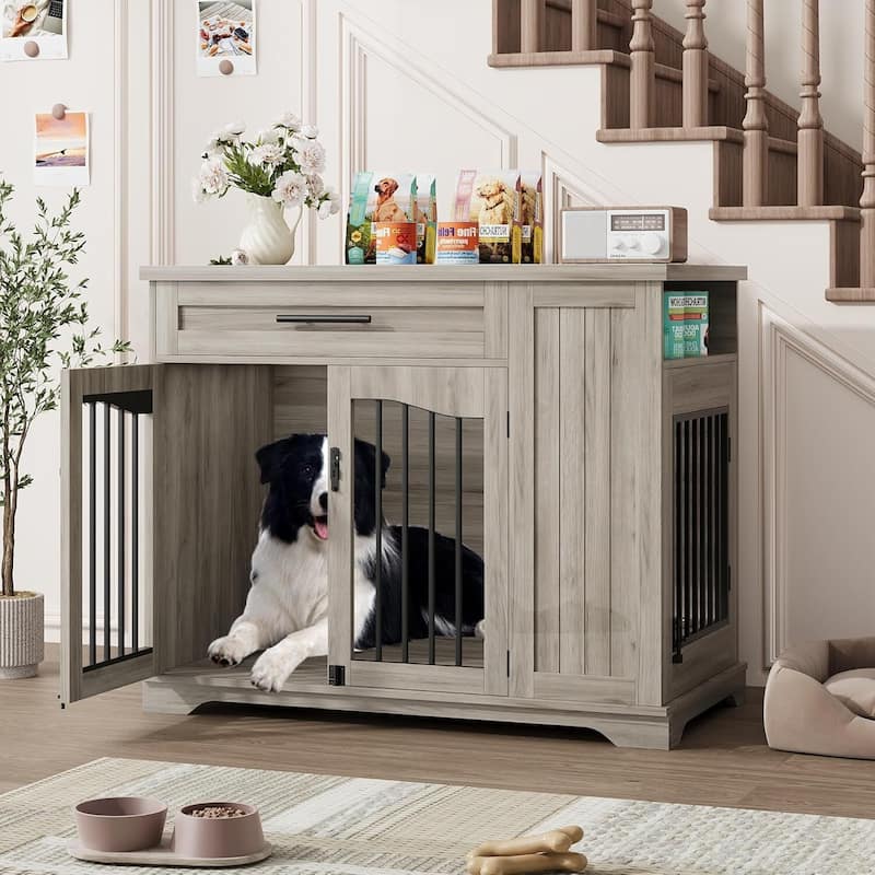Heavy-Duty Dog Crate Furniture with Storage & Feeding Bowls - Grey