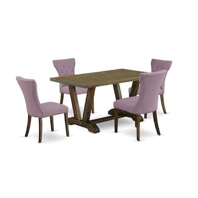 HomeStock 5-Piece Rectangle Natural Oak Finish Solid Wood Top Dining Table with 4 Upholstered-Chairs with Lattice Back