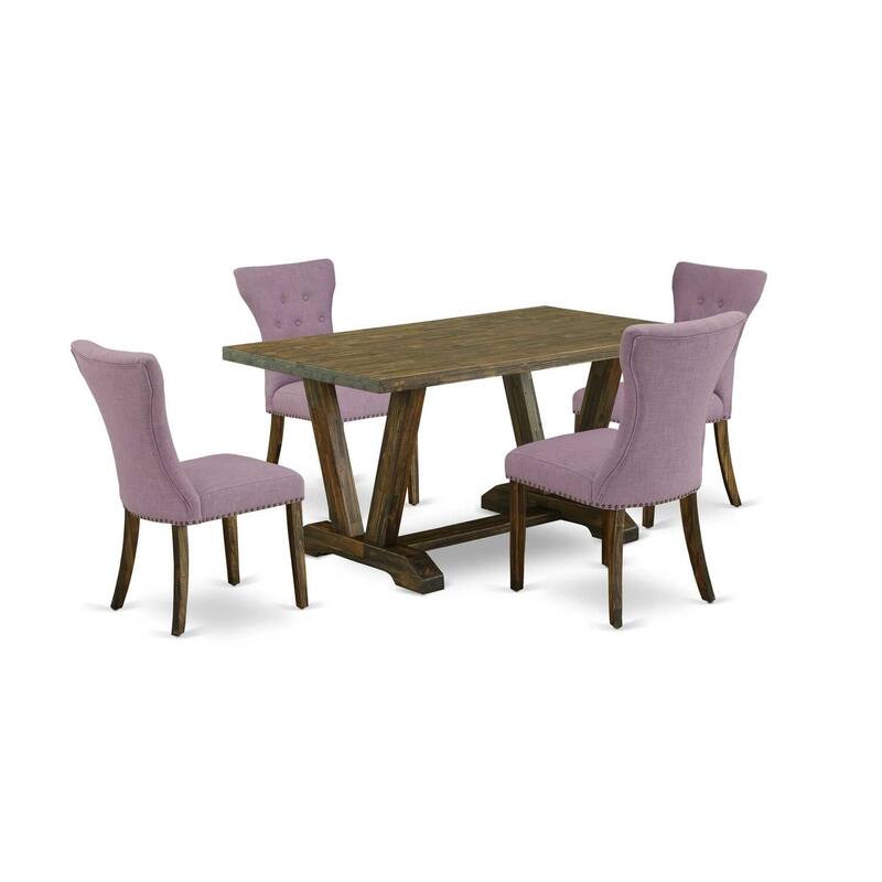 HomeStock 5-Piece Rectangle Natural Oak Finish Solid Wood Top Dining Table with 4 Upholstered-Chairs with Lattice Back