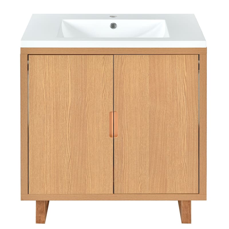 30 inch Solid Wood Freestanding Bathroom Vanity Set in Burly Wood with White Integrated Resin Sink