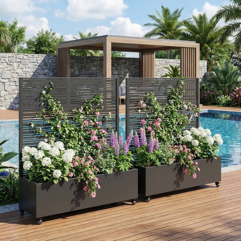 Metal Galvanized Planter Box with Trellis Privacy Screen Lockable Wheels Set of 2 - 47"x47"