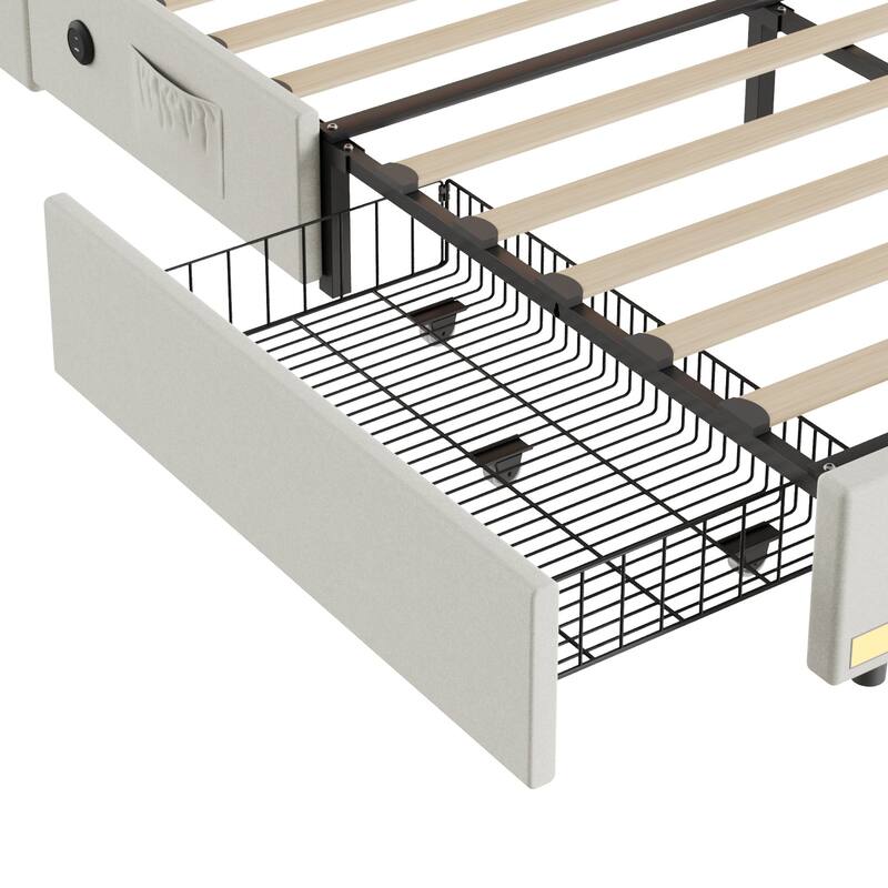 Javlergo Bed Frame with LED Lights and Charging Station Linen Fabric Bed with Drawers Wooden Slats