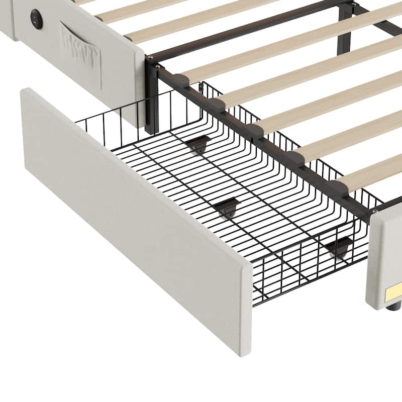 Upholstered LED Bed Frame with 2 Storage Drawers and Wingback Headboard Linen Fabric Platform Bed with Charing Station