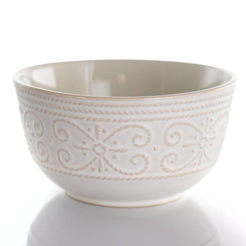 Elama Luna 16 Piece Embossed Scalloped Stoneware Dinnerware Set in White
