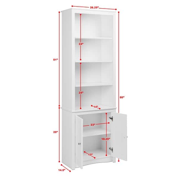 dimension image slide 1 of 2, Tall Bookcase with 2 Shaker Doors, White