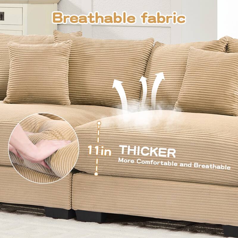 Roomfitters 82.6"/92" Modular L-Shape Sectional, Corduroy Cloud Couch with Ottoman & 6 Pillows