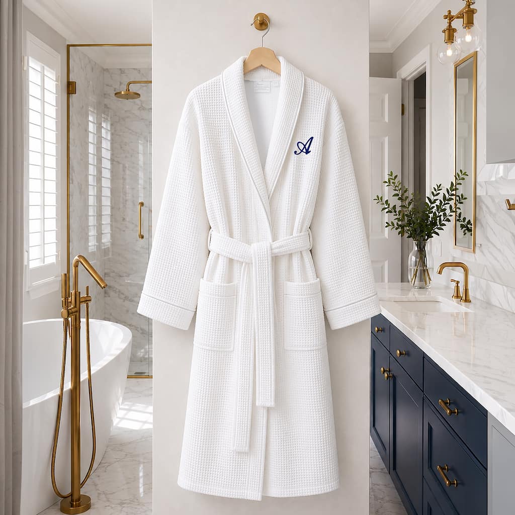 Authentic Hotel and Spa Unisex Navy Blue Monogrammed Turkish Cotton Waffle Weave Terry Bath Robe