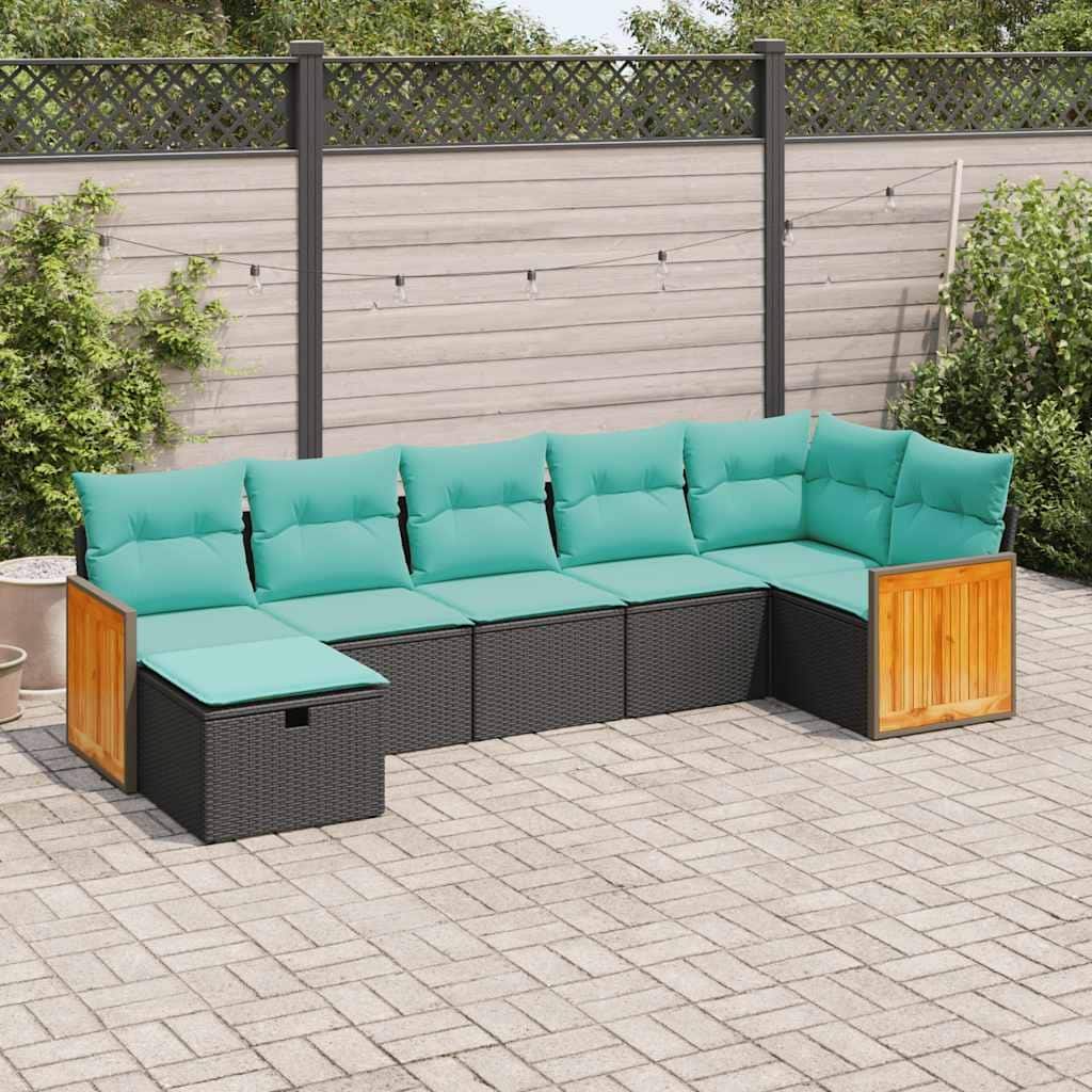 vidaXL 7 Piece Patio Sofa Set with Cushions Black Poly Rattan - 21.7 x 24.4 x 27.2