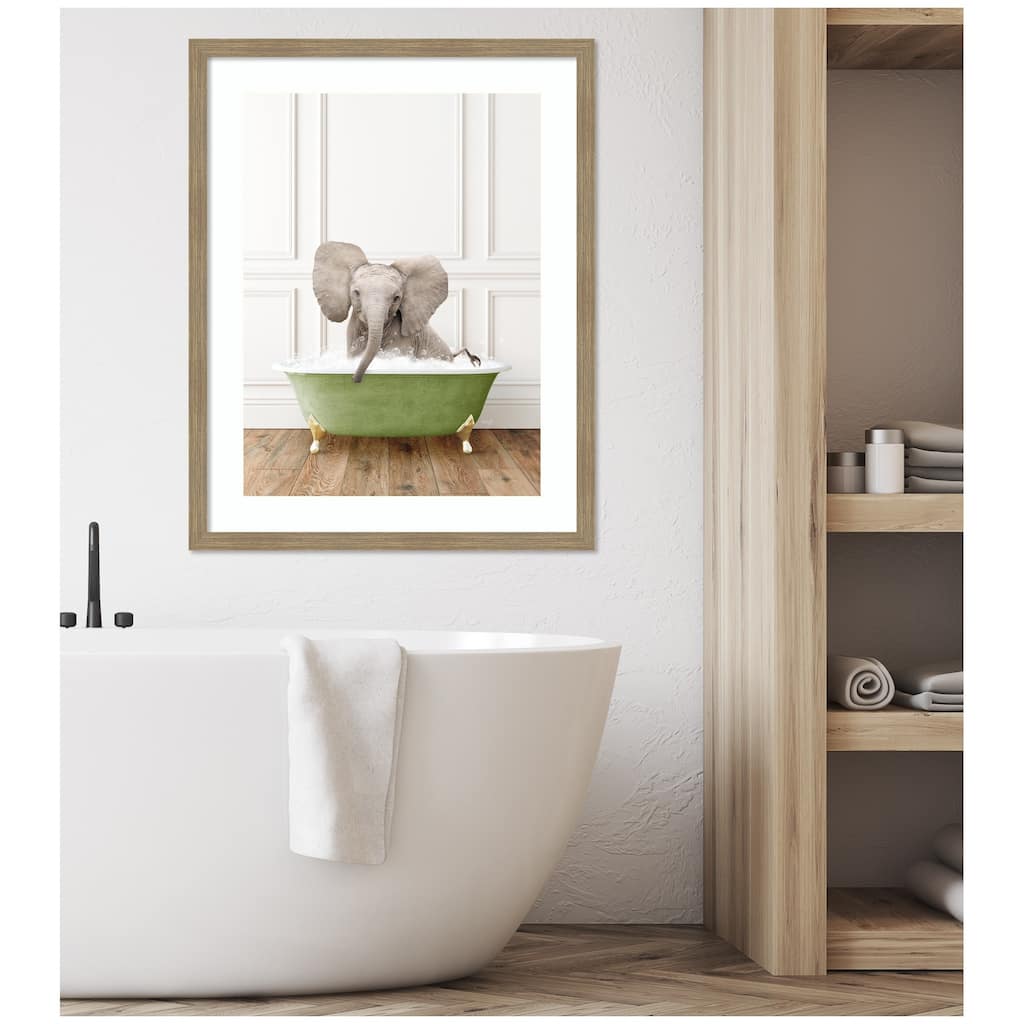 Kate and Laurel Baby Elephant in Transitional Bathtub by Amy Peterson Framed Wall Art Print