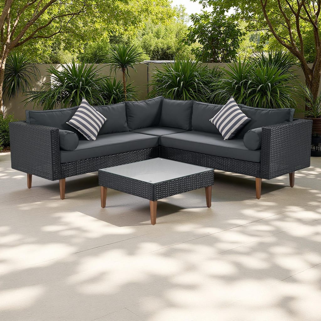 4-Pieces Outdoor Wicker L-Shaped Sectional Sofa Set with Coffee Table and Colorful Pillows