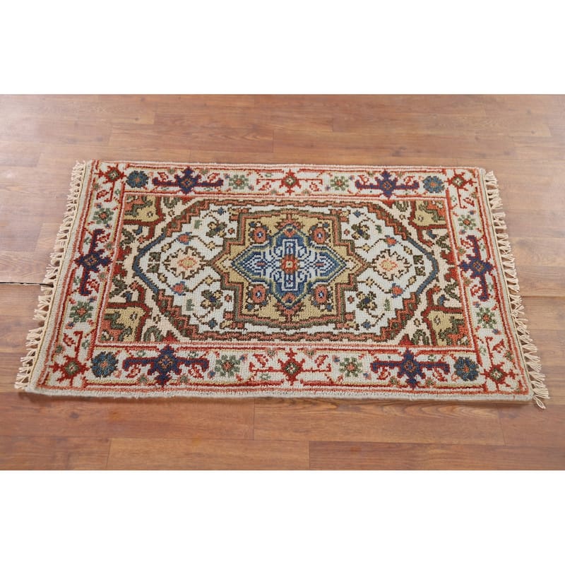 Geometric Blue Heriz Serapi Indian Accent Rug Hand-Knotted Wool Carpet - 2'0" x 3'0"