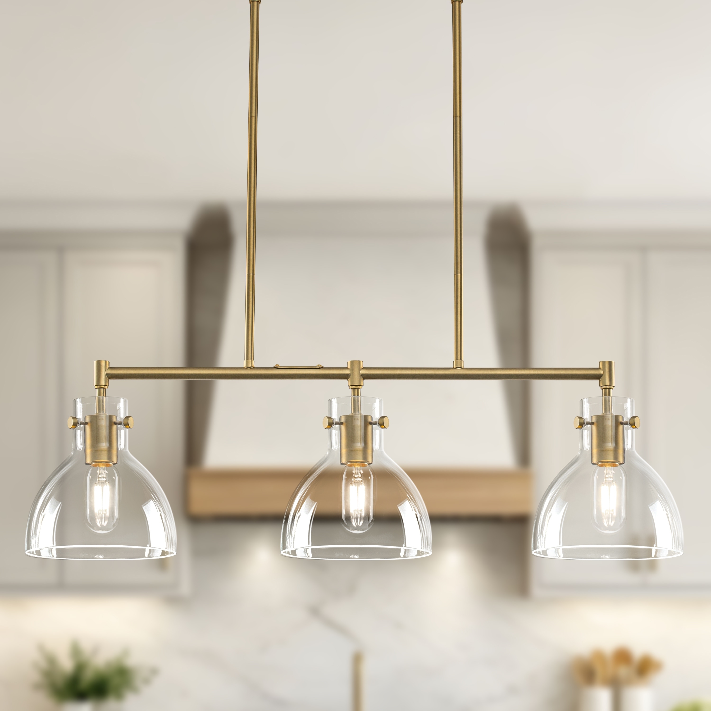 Starsky 3-Light Modern Farmhouse Linear Kitchen Island Pendant Light with Clear Glass Dome & Bowl Shades for Kitchen island