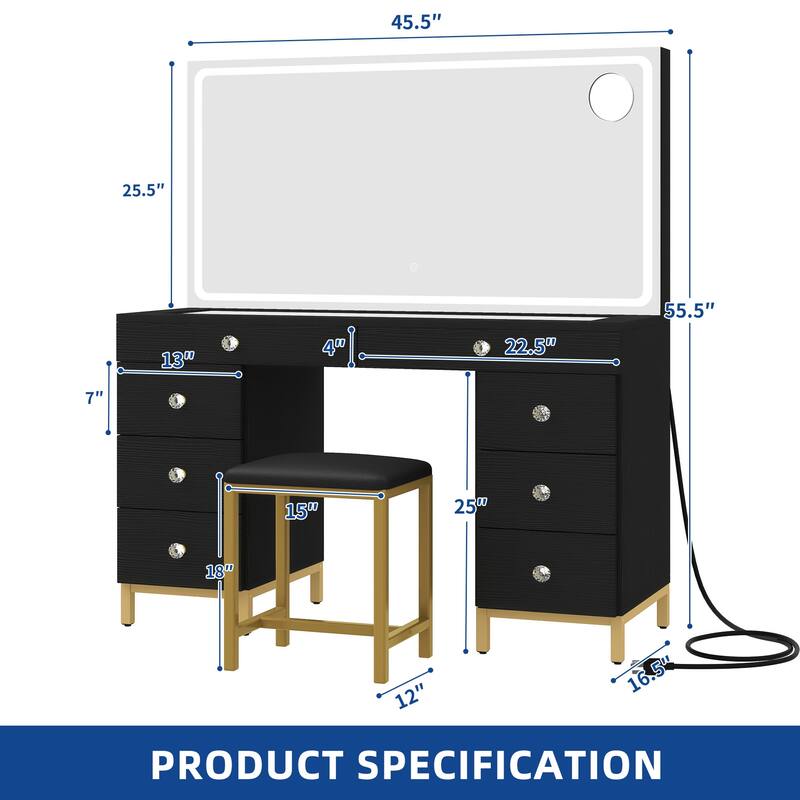 Moasis 45.5" Modern Vanity Table, 8 Drawers, Lights, Mirror, Power Outlet