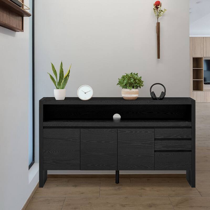 Modern Freestanding Wooden Sideboard with Three Drawers, Two Cabinets and a Shelf - Black