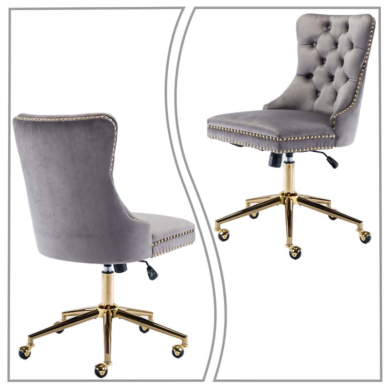 Elegant Luxurious Velvet Upholstered Office Chair with Wooden Frame and Gold Metal Base