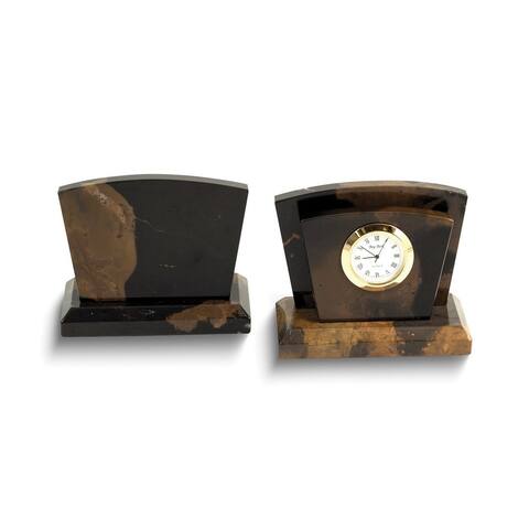 Curata Tiger Eye Marble Gold-Plated Accents Quartz Clock and Letter Rack Set