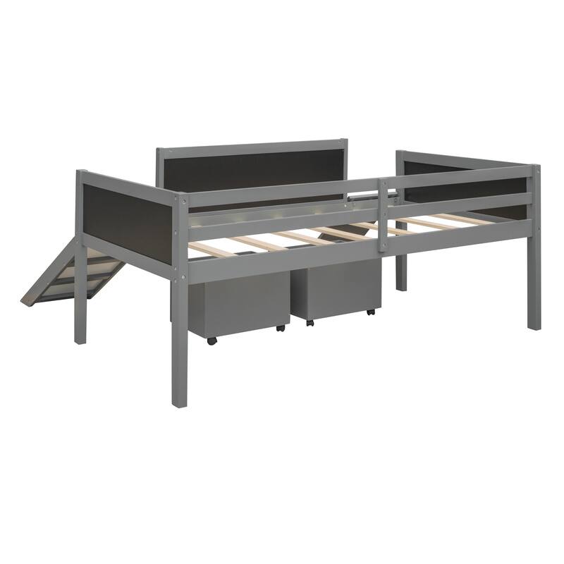 Loft Bed Wood Bed with Two Storage Boxes - Gray