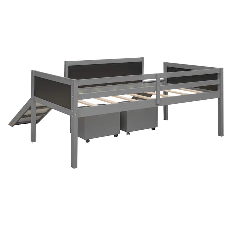 Twin size Loft bed Wood bed with Two Storage Boxes - Gray