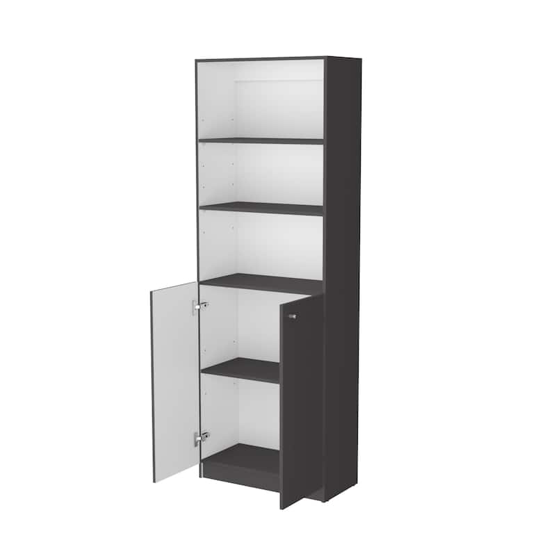 HomeRoots 71" Gray And White Wood Three Tier Bookcase with Two Doors