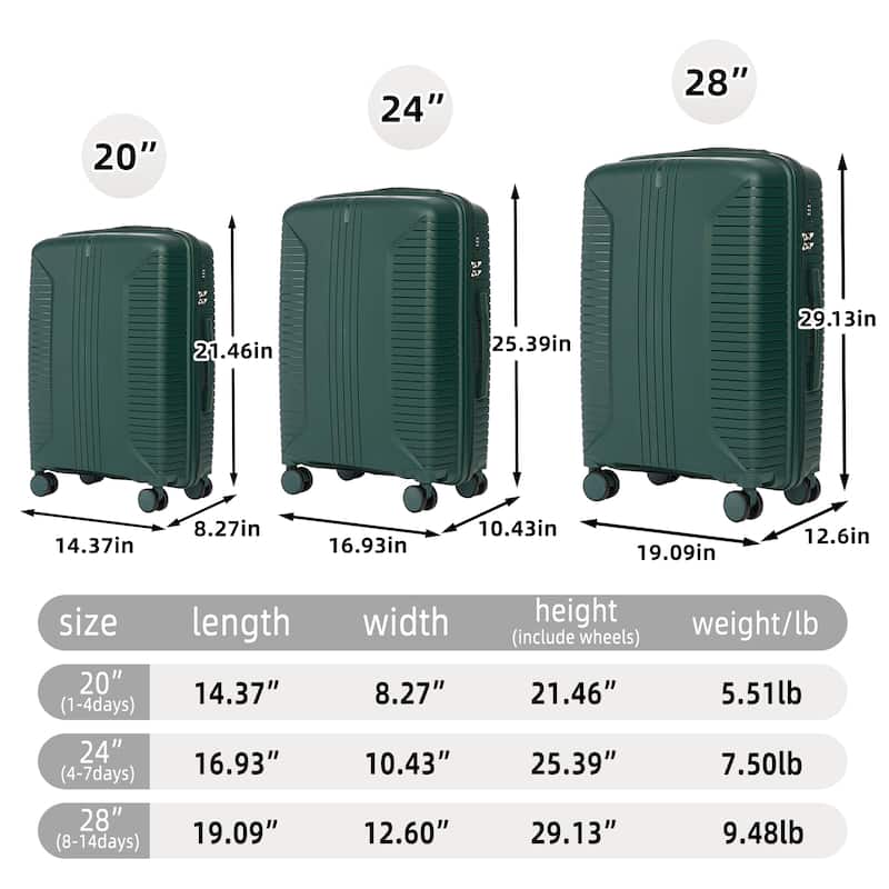 3-Piece, Modern Luggage Sets, Multi-functional Luggage with Spinner Spinner and Combination Lock, for Boarding Travel, Emerald